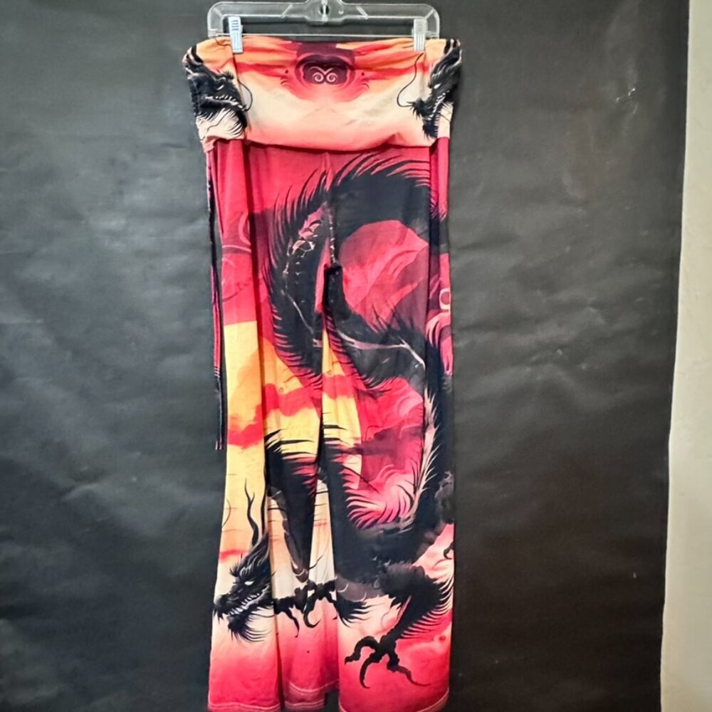 Red Sumi-E Dragon Wide Leg Size XL Watercolor Tie Dye Festival Tall Girl - Picture 5 of 8